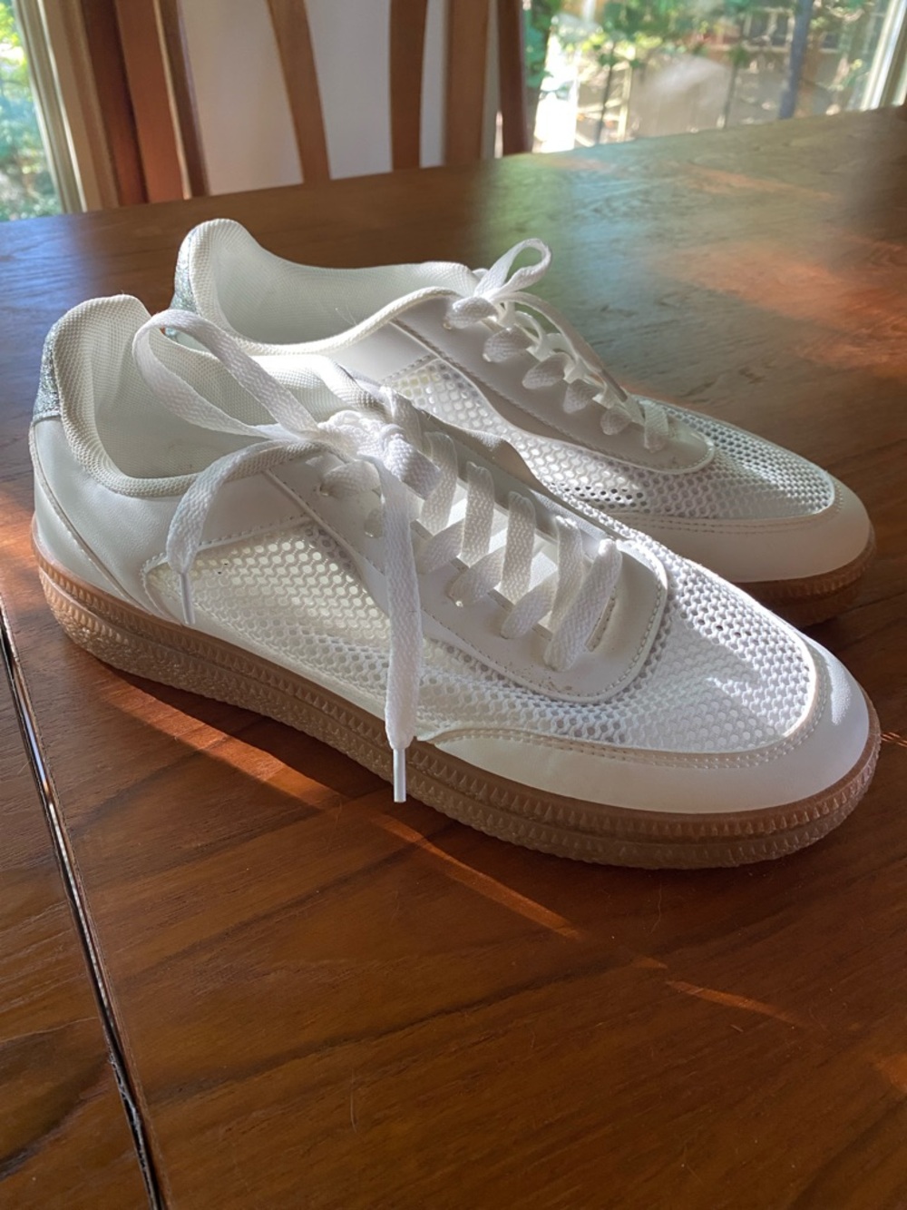 Women’s White Mesh Nicole Miller Sneakers with Gum Sole — 9.5